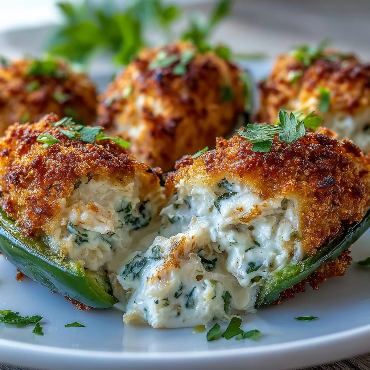 A platter of golden Cajun Crab Poppers stuffed with lump crabmeat and cream cheese on a rustic table.