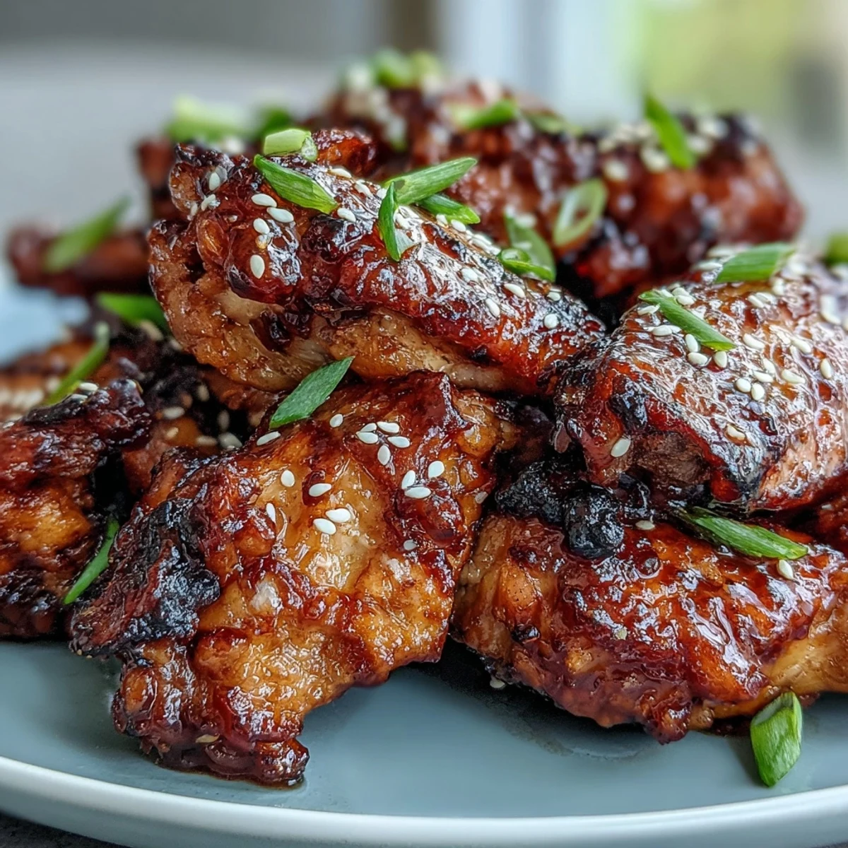 Golden-brown Coca Cola Chicken Wings glistening with sticky, dark glaze, garnished with green scallions and sesame seeds on a rustic platter.