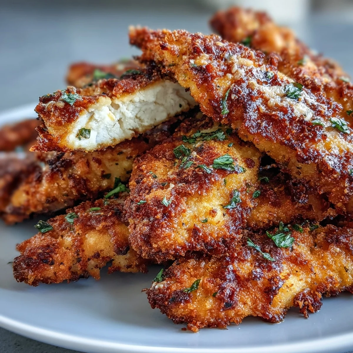 Golden brown Air Fryer Chicken Strips on a plate next to a creamy dipping sauce.