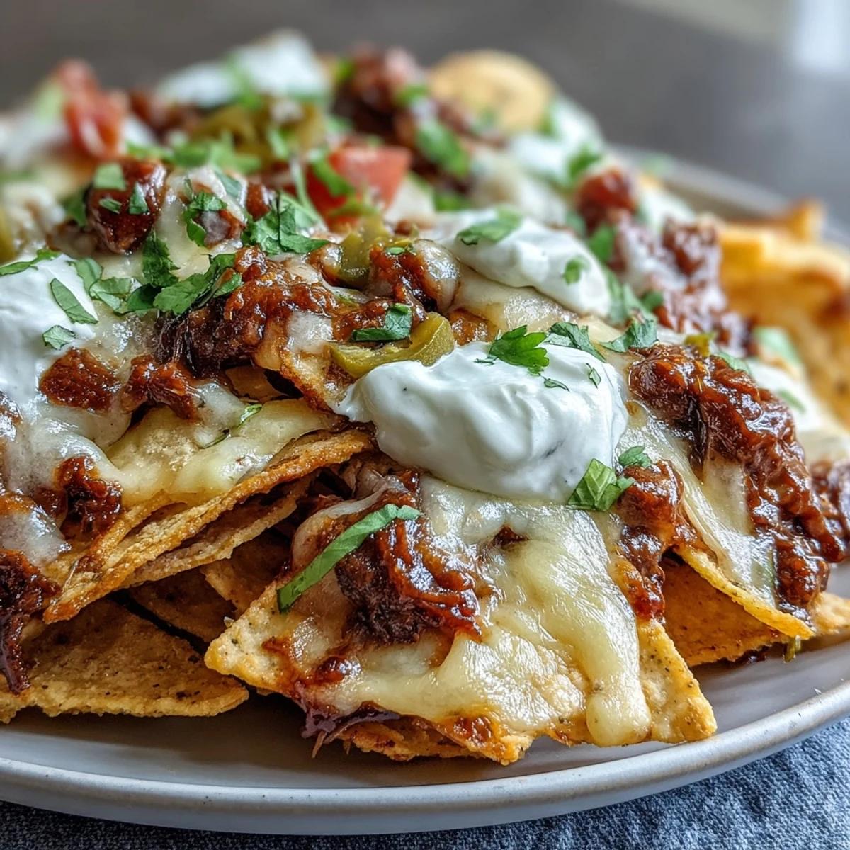 Crispy tortilla chips loaded with smoky BBQ beef and gooey melted cheese, ready for game day.