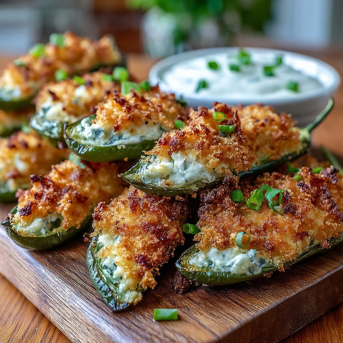 Golden brown Air Fryer Jalapeño Poppers filled with creamy cheese and topped with crispy breadcrumbs, served on a white plate.