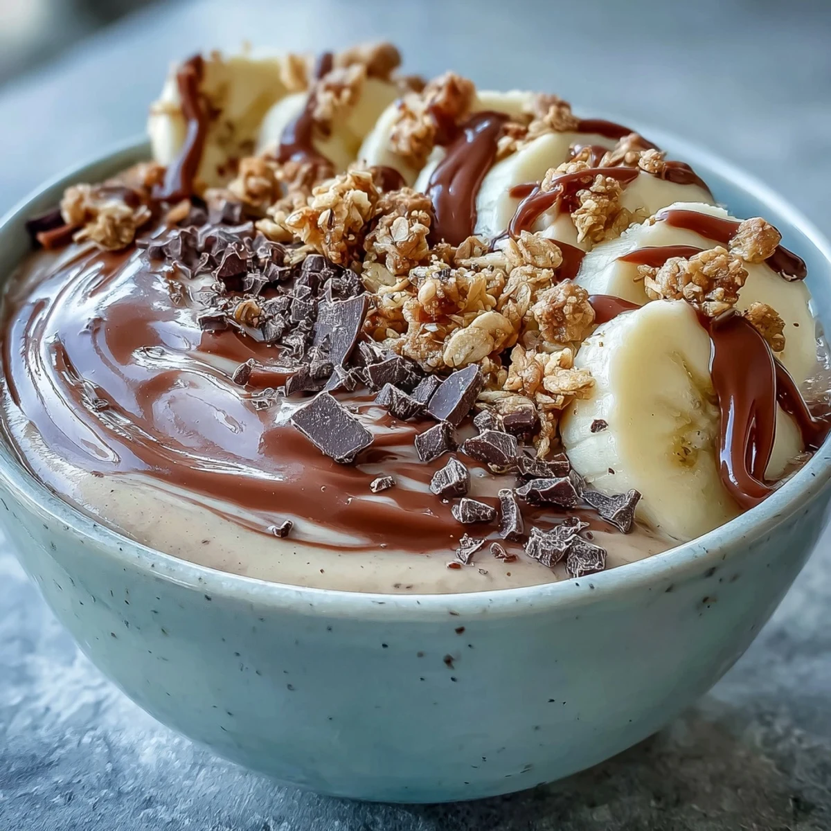 Chocolate Peanut Butter Smoothie Bowls topped with sliced bananas, chopped dark chocolate, and crunchy granola for a quick breakfast.