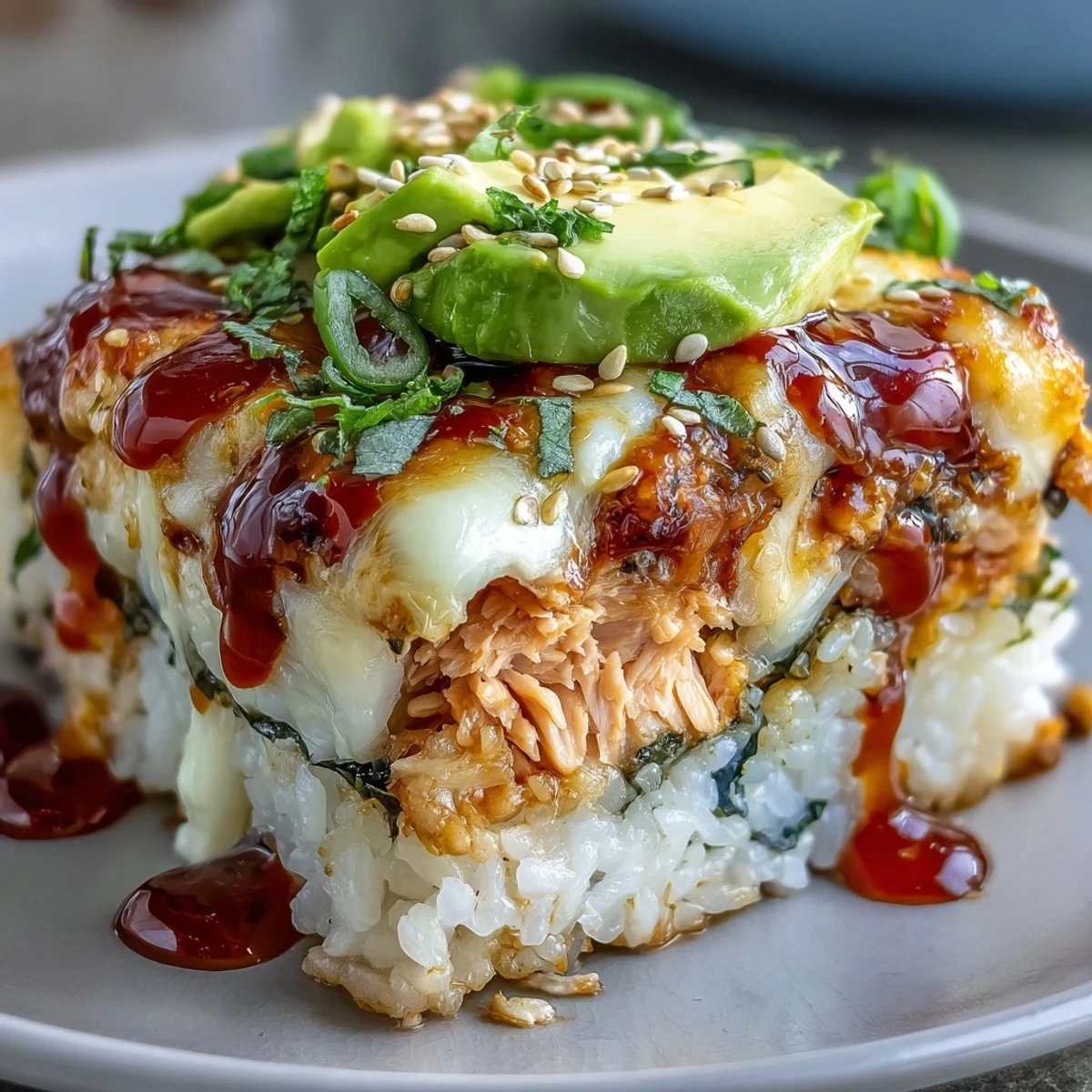 Crumbly nori and savory salmon mixture layered over seasoned rice in this bubbling Spicy Salmon Sushi Bake.