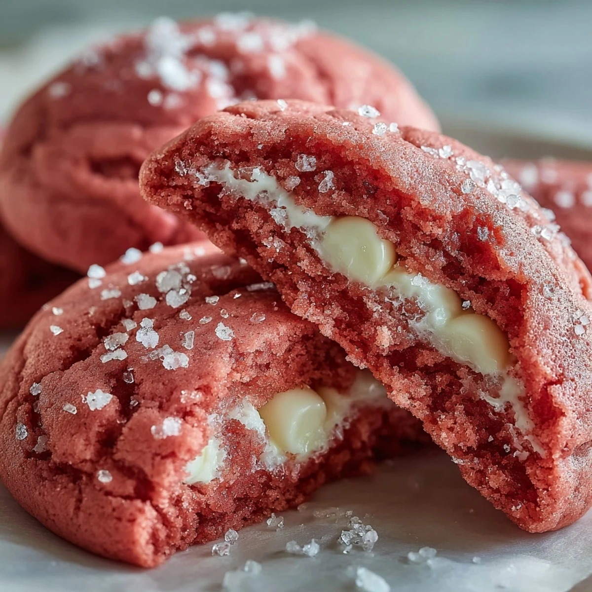 These soft Pink Velvet Cookies are stacked on a white plate, ready to serve at a festive party.