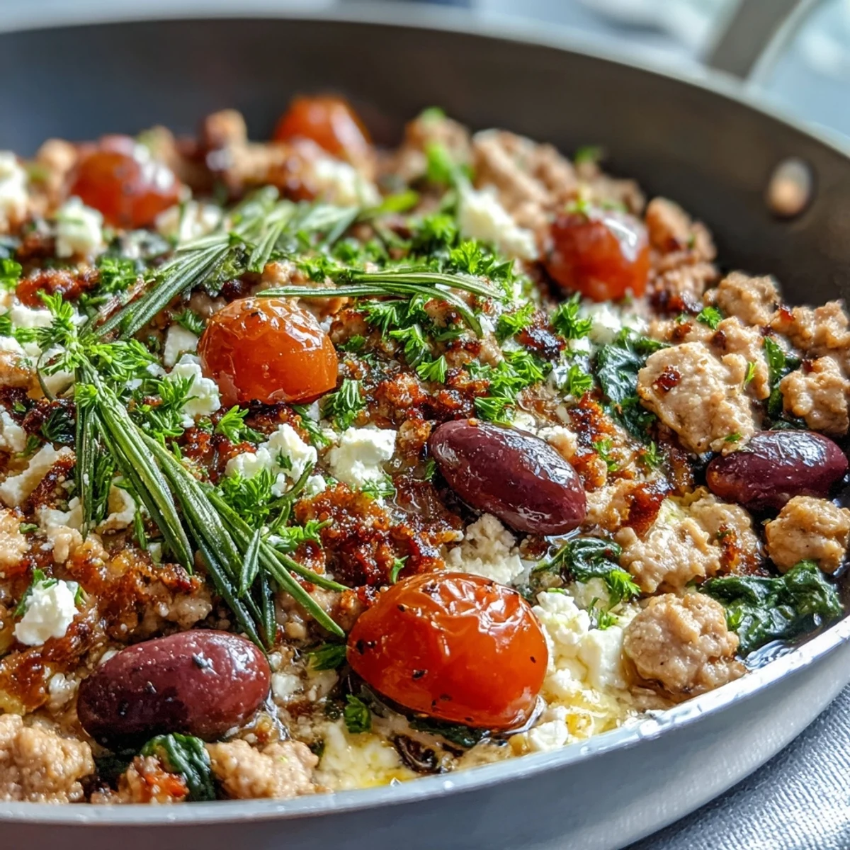Mediterranean Keto Ground Chicken Skillet with Olives and Feta served hot with a forkful of feta and olives.
