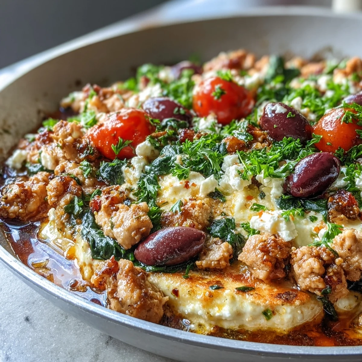 Sizzling Mediterranean Keto Ground Chicken Skillet with Olives and Feta in a cast iron pan, ready to serve.