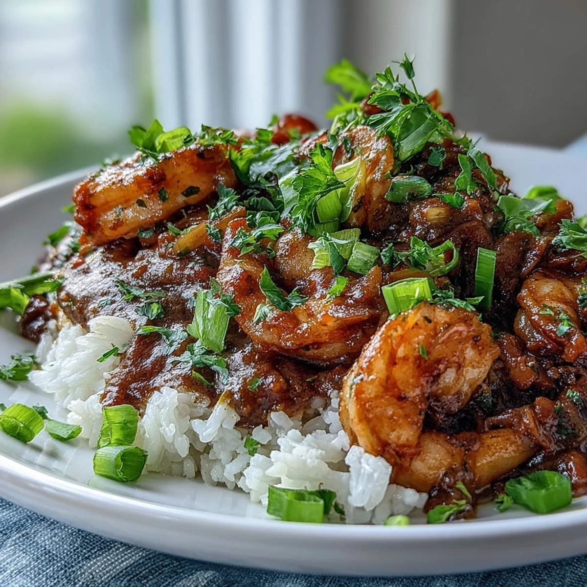 Classic New Orleans Étouffée served over fluffy white rice with a garnish of fresh green onions and parsley.