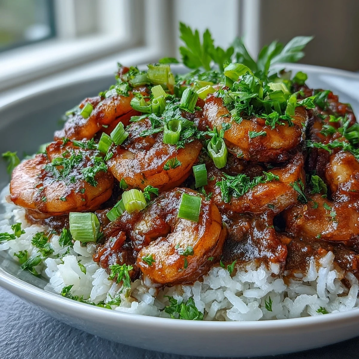 A spoon lifts rich, dark roux sauce with plump shrimp from a bowl of Classic New Orleans Étouffée.