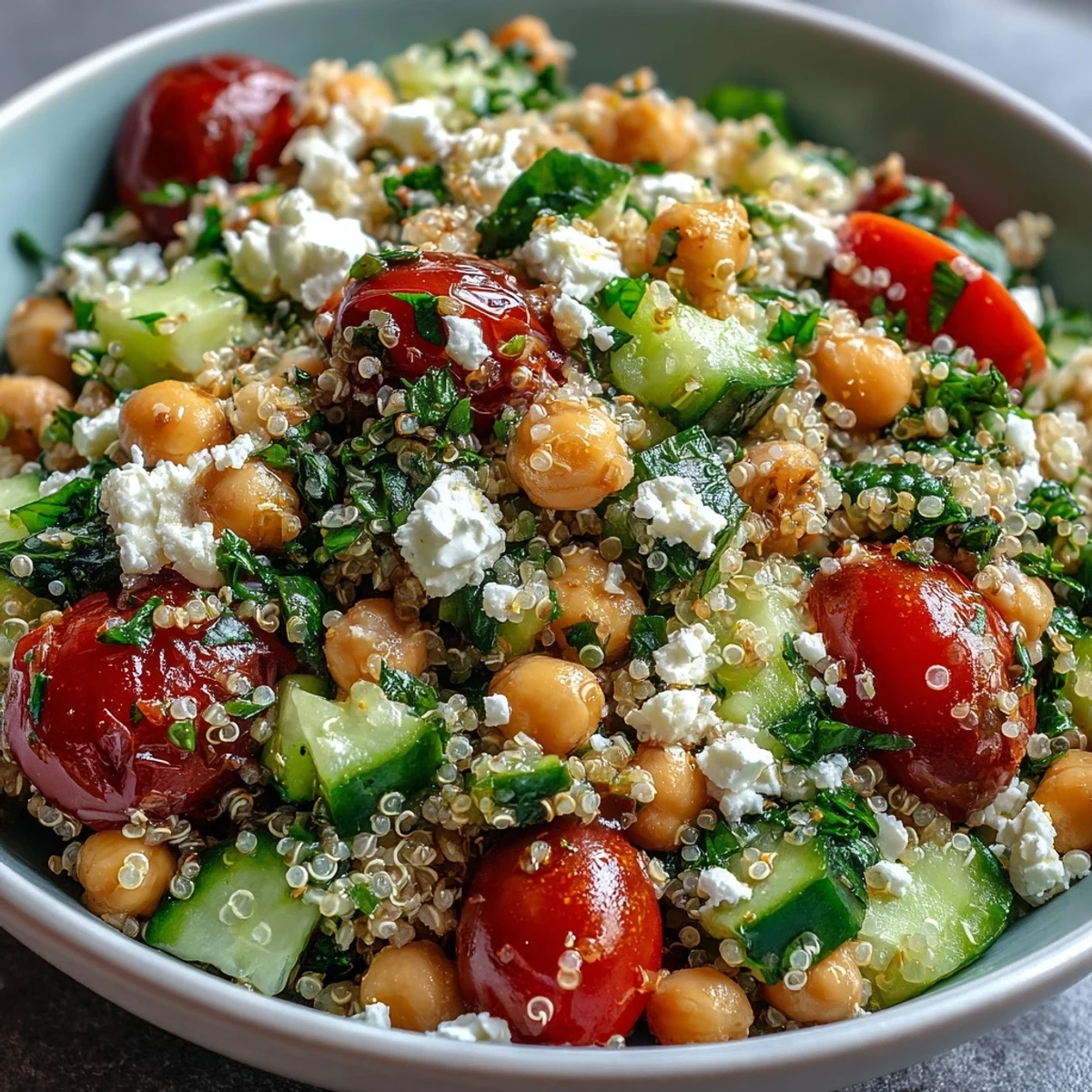Freshly cooked quinoa is mixed with chickpeas, cherry tomatoes, and cucumbers in a white bowl.
