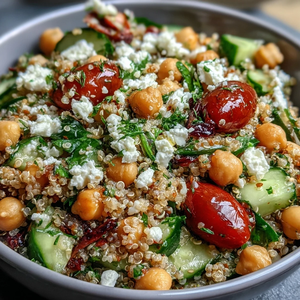 A fork is ready to serve the healthy Mediterranean-inspired High Protein Quinoa & Chickpea Salad.