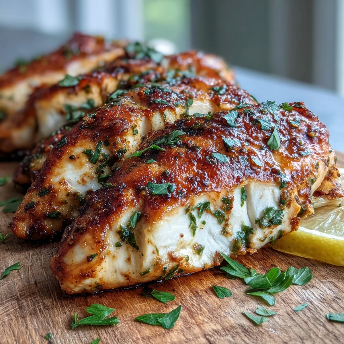 Golden-brown Oven Baked Chicken Breast with lemon slices and fresh parsley on a rustic plate.