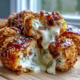 Freshly fried Buffalo Chicken Bacon Mozzarella Bombs filled with spicy chicken, smoky bacon, and melty mozzarella centers.