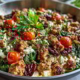 Fresh parsley and juicy cherry tomatoes garnish this Mediterranean Keto Ground Chicken Skillet with Olives and Feta.