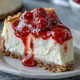Homemade white chocolate raspberry cheesecake with a smooth filling and fresh raspberry garnish, perfect for a decadent celebration dessert.