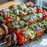 Tender summer vegetables char-grilled to smoky perfection, drizzled with bright herby chimichurri for a bold flavor burst.  