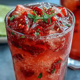 Refreshing mocktail: strawberry chili limeade, zesty lime, and sparkling water delight.