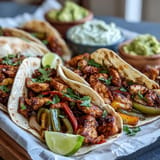 Roasted chicken fajitas and vibrant veggies, perfect for filling warm tortillas family-style.
