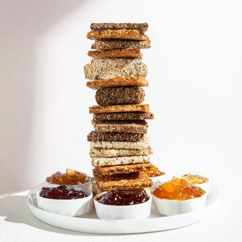 Gourmet Crackers displayed in a beautiful tower, served with colorful preserves and fresh fruits.
