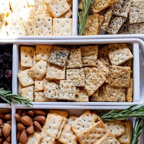 Holiday Crackers arranged on a platter, ready to be enjoyed with cheese and dips for a festive appetizer.