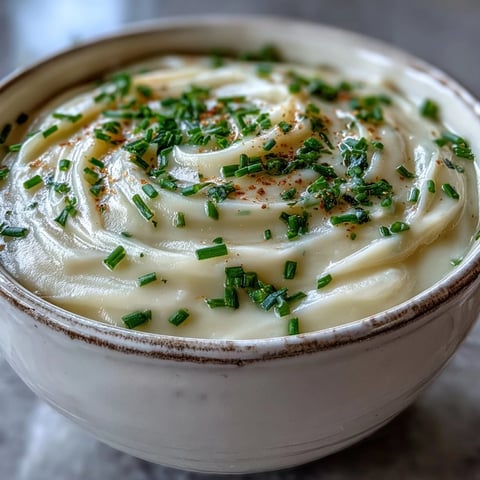 A creamy bowl of potato leek soup garnished with fresh chives and a swirl of cream.