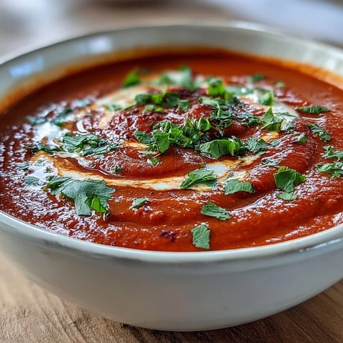 A vibrant bowl of Roasted Red Pepper Soup, garnished with creamy crème fraîche and fresh cilantro, served beside a slice of crusty bread.