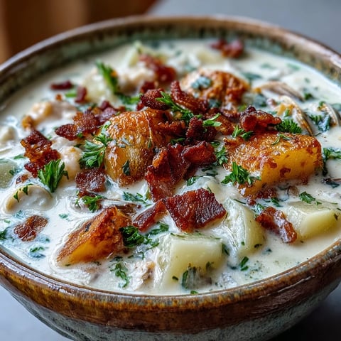 A warm bowl of New England Clam Chowder with creamy broth, tender potatoes, and fresh clams served with oyster crackers.  
