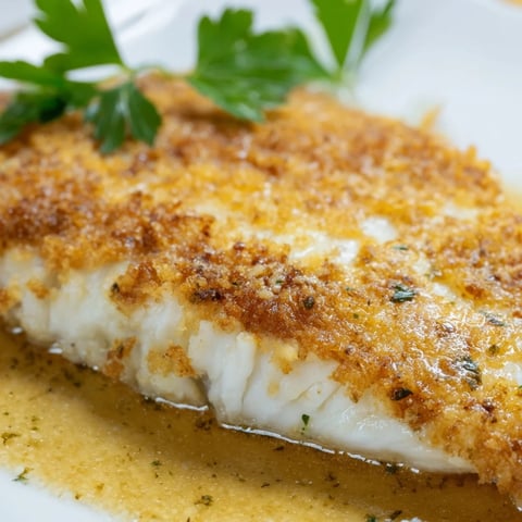 Golden-brown flounder meunière fillets on a white platter, garnished with fresh parsley and lemon wedges.