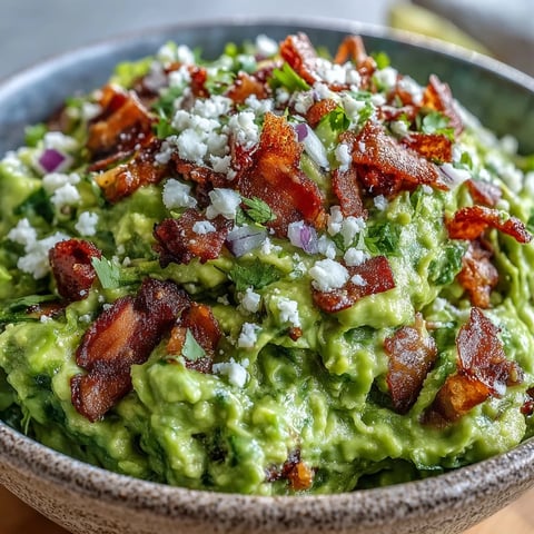 A bowl of creamy Bacon Guacamole With Cotija Cheese topped with crispy bacon crumbles and fresh cilantro.