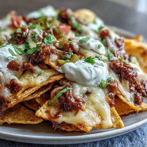 Crispy tortilla chips loaded with smoky BBQ beef and gooey melted cheese, ready for game day.