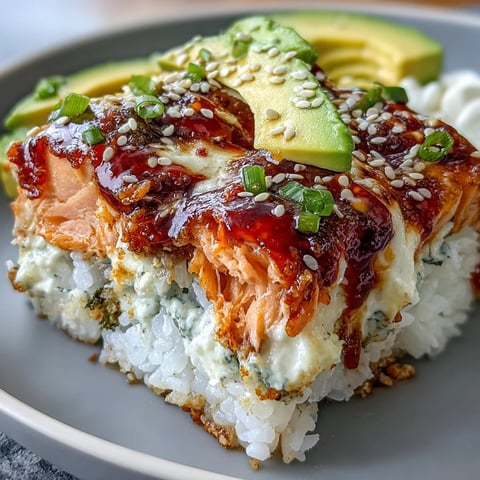 Golden-baked Spicy Salmon Sushi Bake with melted cheese, creamy avocado slices, and drizzled sriracha mayo.