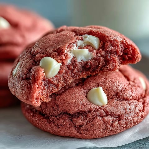 Freshly baked Pink Velvet Cookies on a cooling rack, featuring a vibrant pink hue and creamy white chocolate chips.