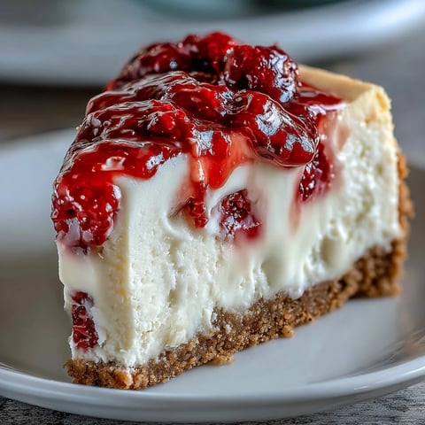 Creamy white chocolate raspberry cheesecake slice topped with vibrant red berry sauce on a graham cracker crust, served on a white plate.