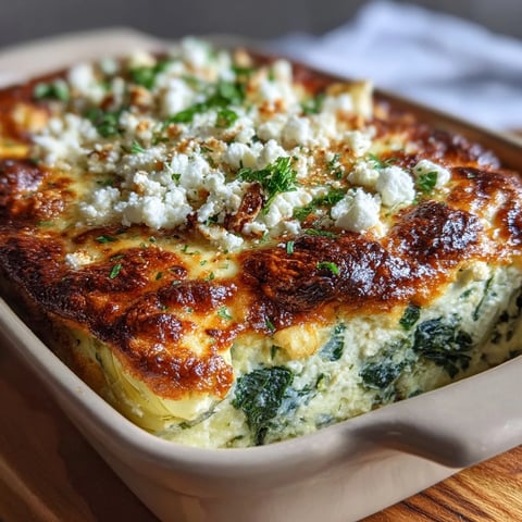 Golden-brown High Protein Spinach Artichoke Bake bubbling with creamy cottage cheese and feta.