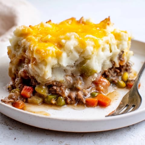 Close-up of savory, hearty Warm Rustic Shepherds Pie, cheesy mashed potatoes melting over lamb.