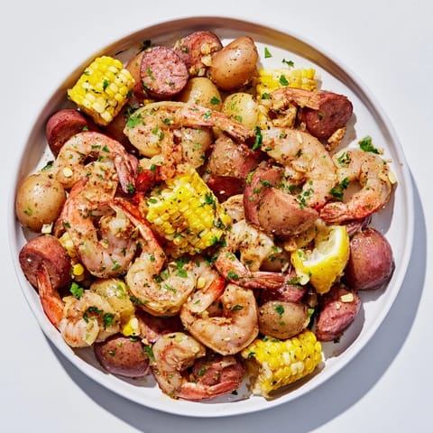 Vibrant image of a freshly plated Seaside-Inspired Shrimp Boil, with butter-drizzled shrimp and lemon wedges.