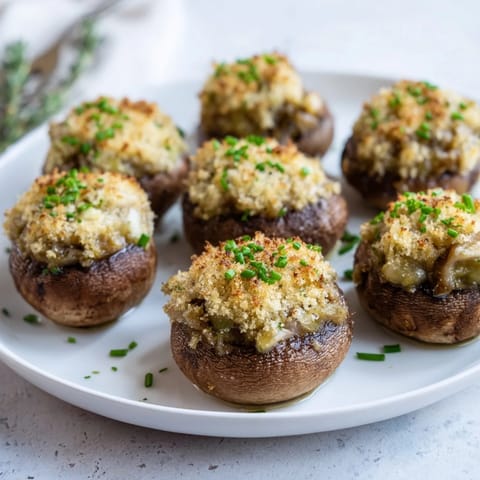 Close-up of savory Stuffed Mushroom Caps, overflowing with a cheesy, herbed breadcrumb filling.