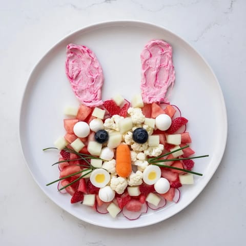 The Bunny Silhouette arranged beautifully: imagine fresh strawberries and mozzarella creating this tasty holiday dish.