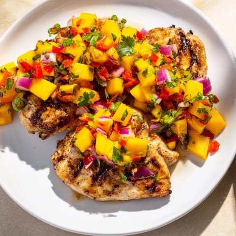 Close-up of freshly grilled Mango Salsa Chicken, a flavorful tropical main dish on a plate.