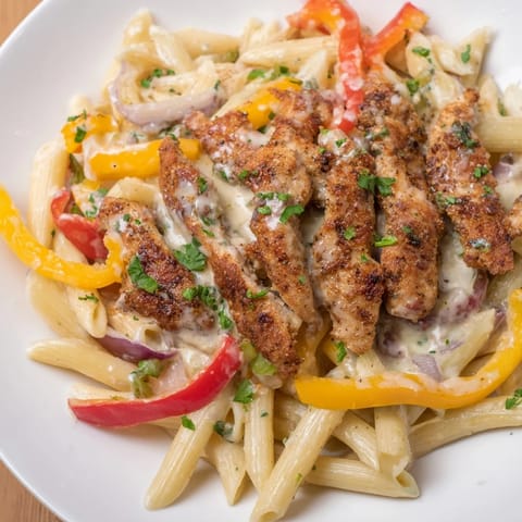 Tender Cajun Chicken Pasta with colorful bell peppers in a garlic-infused cream sauce delight.