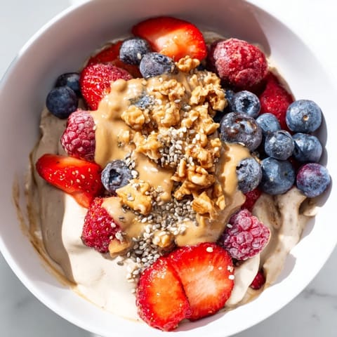 Fresh berries and granola adorn these protein ice cream bowls, perfect after a workout.