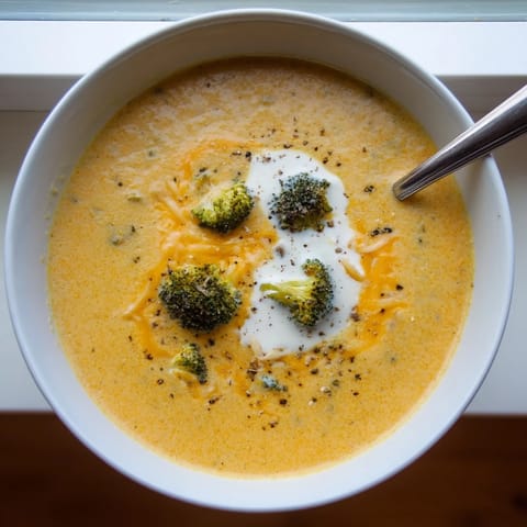 Velvety homemade Broccoli Cheddar Soup garnished with fresh broccoli and a drizzle of rich cream.