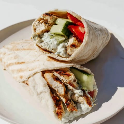 A close-up view of a Greek Chicken Wrap, revealing charred chicken strips and vibrant diced tomatoes and cucumber.
