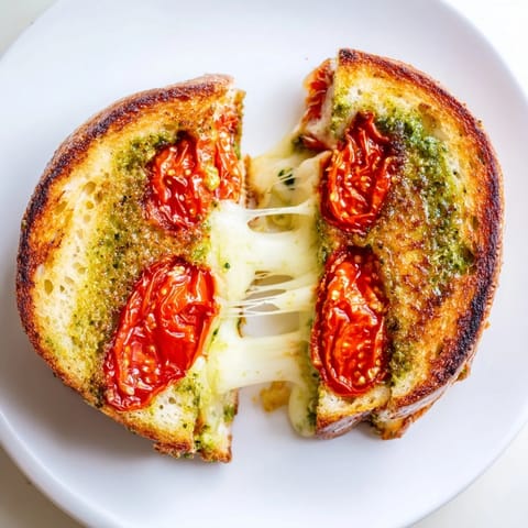 A close-up of the crispy, golden-brown exterior of a Roasted Tomato Pesto Grilled Cheese, revealing oozing cheddar and roasted tomato filling.