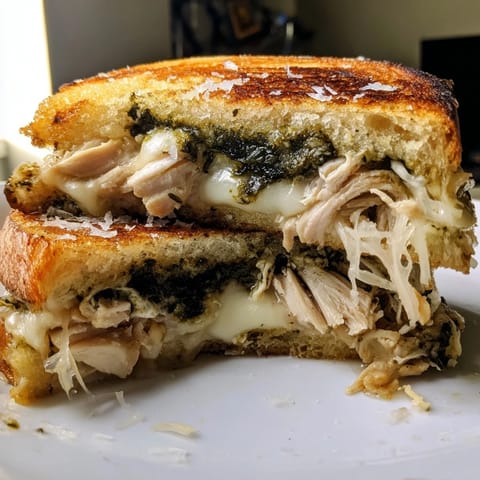 Toasted Mozzarella Pesto Chicken Grilled Cheese cut diagonally, revealing juicy chicken and gooey cheese layers.