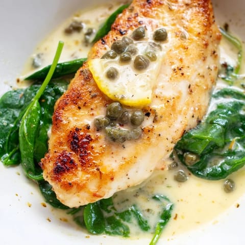 Freshly chopped parsley garnishes this easy weeknight Spinach Lemon Butter Chicken, plated beside fluffy mashed potatoes and a chilled glass of white wine.