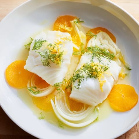 A vibrant Mediterranean poached cod and fennel dish topped with fresh orange zest and a light, aromatic broth.