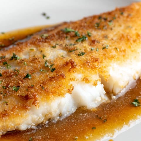 Flounder meunière fillets with crispy edges, drizzled with nutty brown butter sauce and fresh lemon juice.