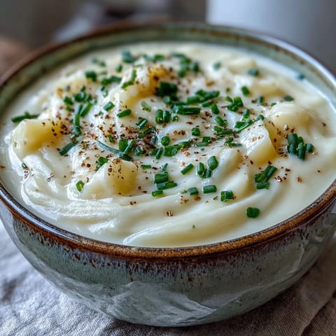 Creamy Potato Leek Soup garnished with fresh chives and a drizzle of cream, served steaming hot in a rustic bowl.