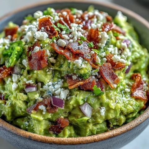 Homemade Bacon Guacamole With Cotija Cheese served warm with crunchy tortilla chips for dipping.