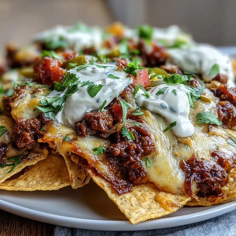 Fresh jalapeños, diced tomatoes, and creamy sour cream top these irresistible homemade BBQ Beef Nachos.